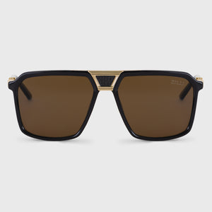 Square-shaped Leather Accented Sunglasses - Brown Lenses