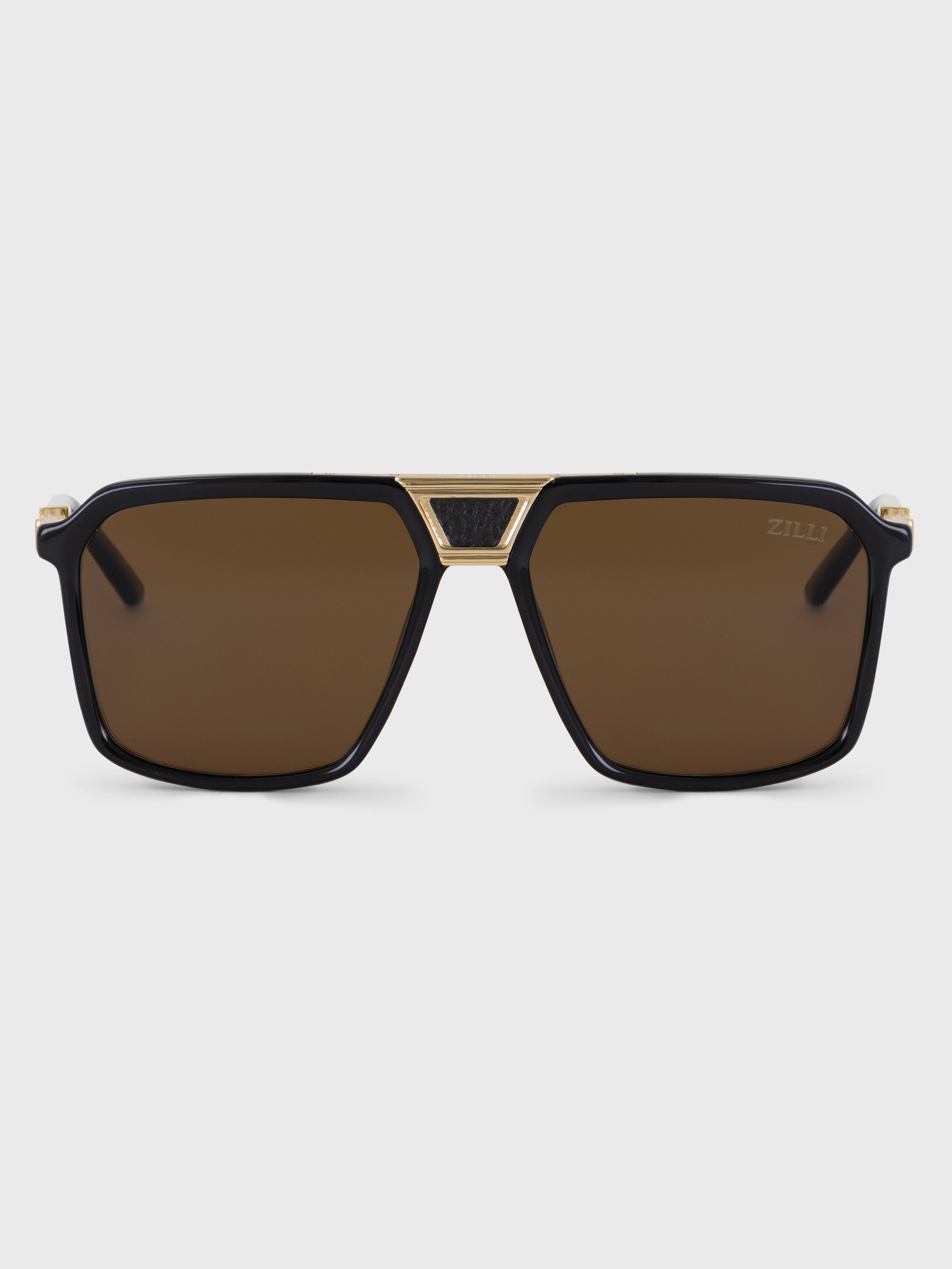 Square-shaped Leather Accented Sunglasses - Brown Lenses
