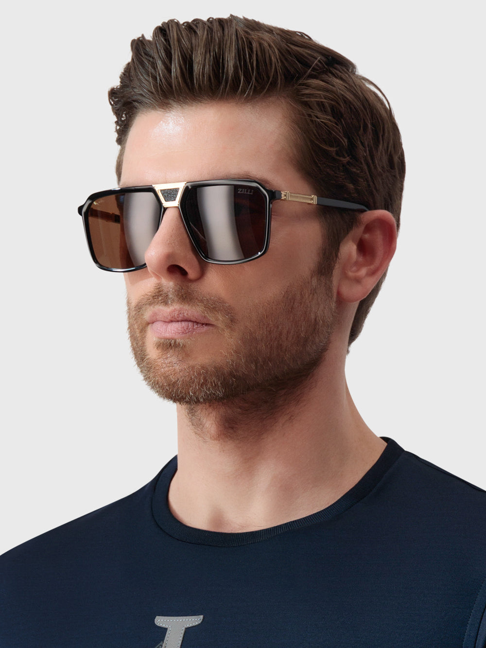 Square-shaped Leather Accented Sunglasses - Brown Lenses