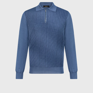 Zipped Knitwear Polo in Cashmere and Silk Smoke Avio