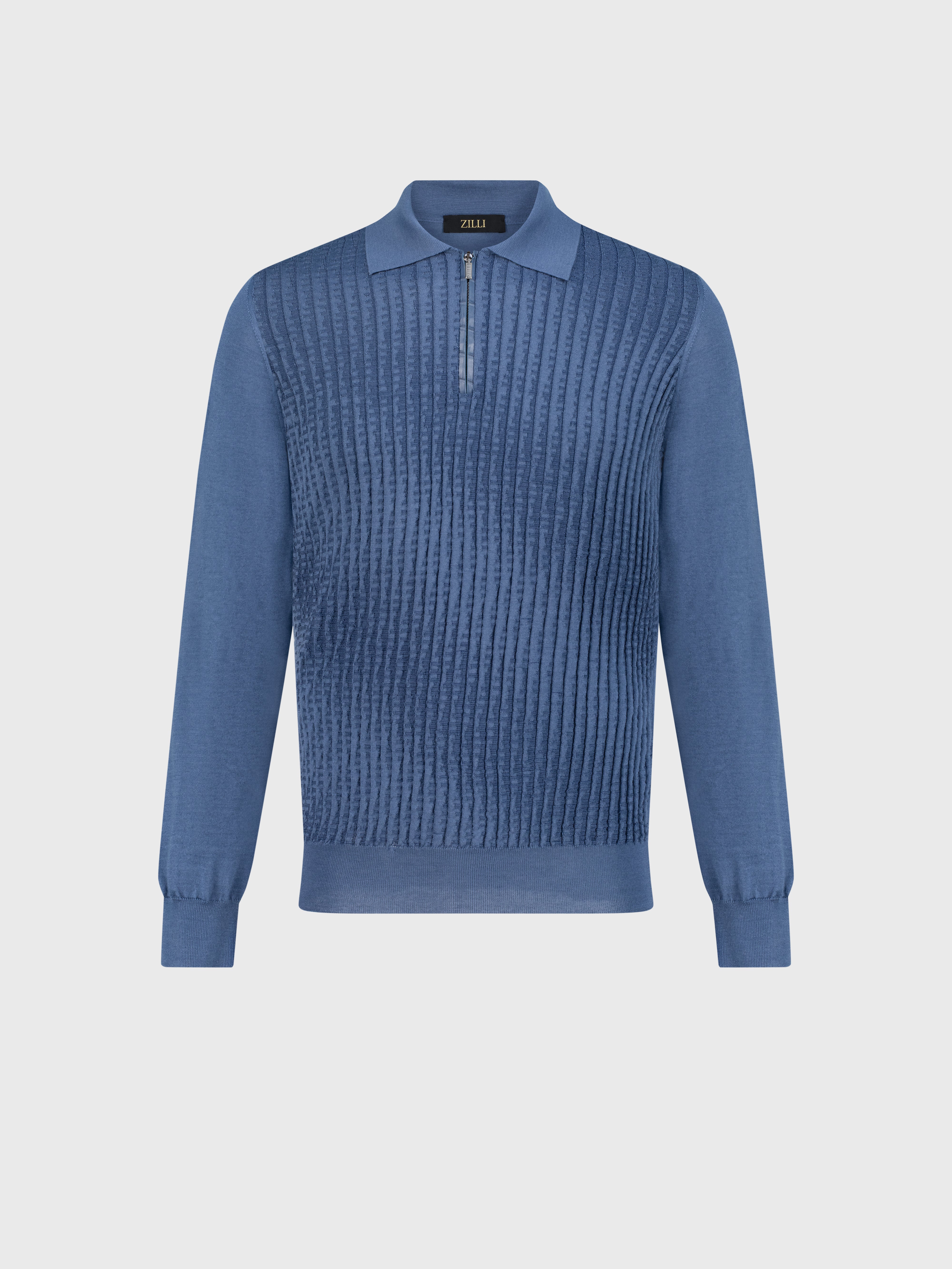 Zipped Knitwear Polo in Cashmere and Silk Smoke Avio
