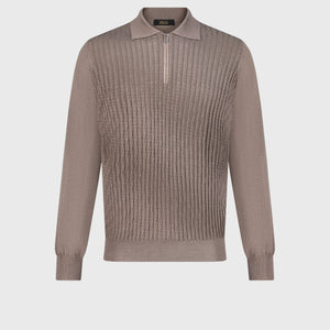 Zipped Knitwear Polo in Cashmere and Silk Taupe