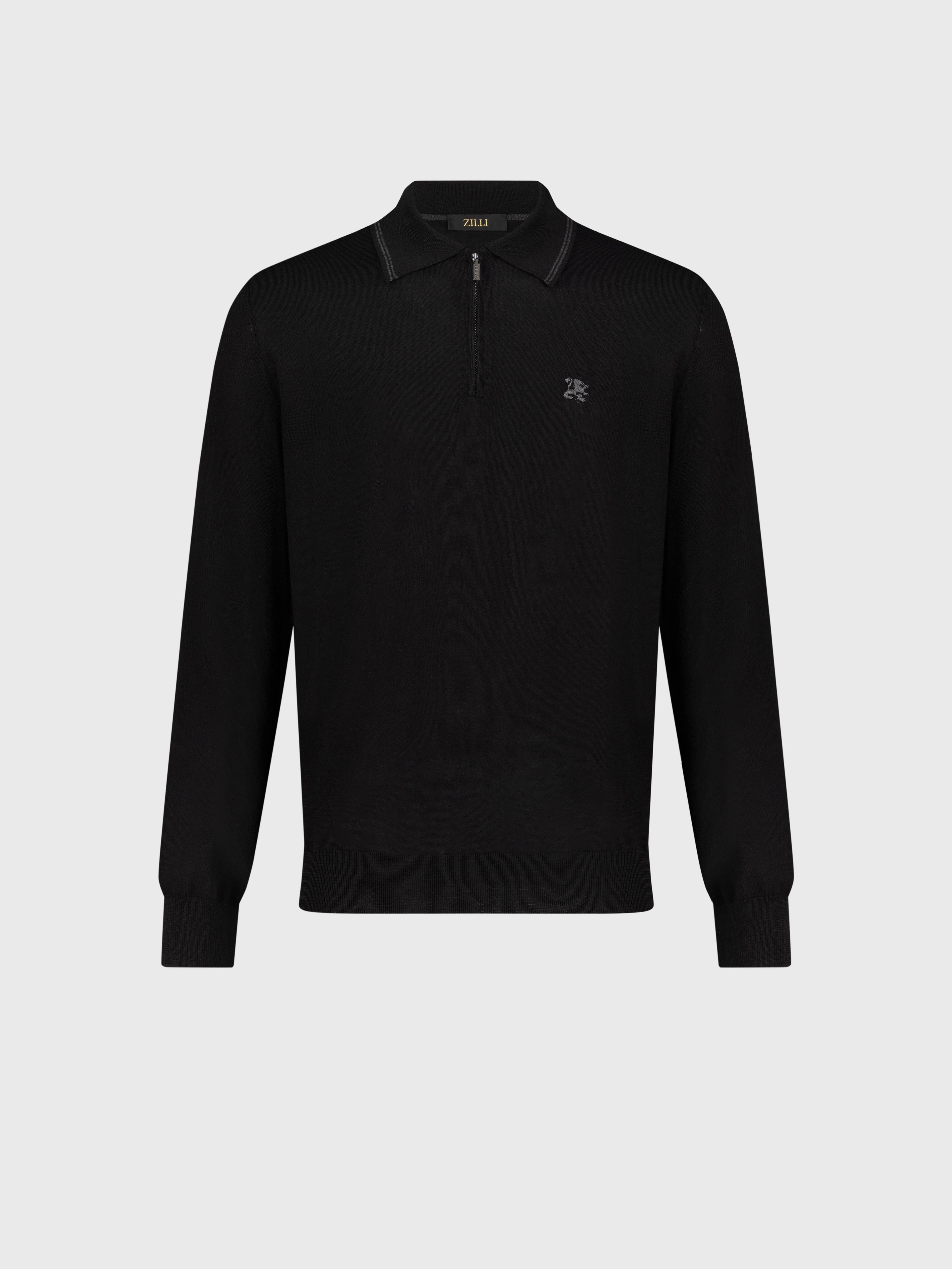 Long Sleeve Polo Shirt with Griffon Emblem Embroidery Black