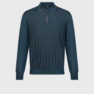 Long Sleeve Polo Shirt with Rhombus Pattern Dark Green
