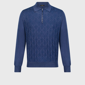 Long Sleeve Polo Shirt with Rhombus Pattern Smoke Blue