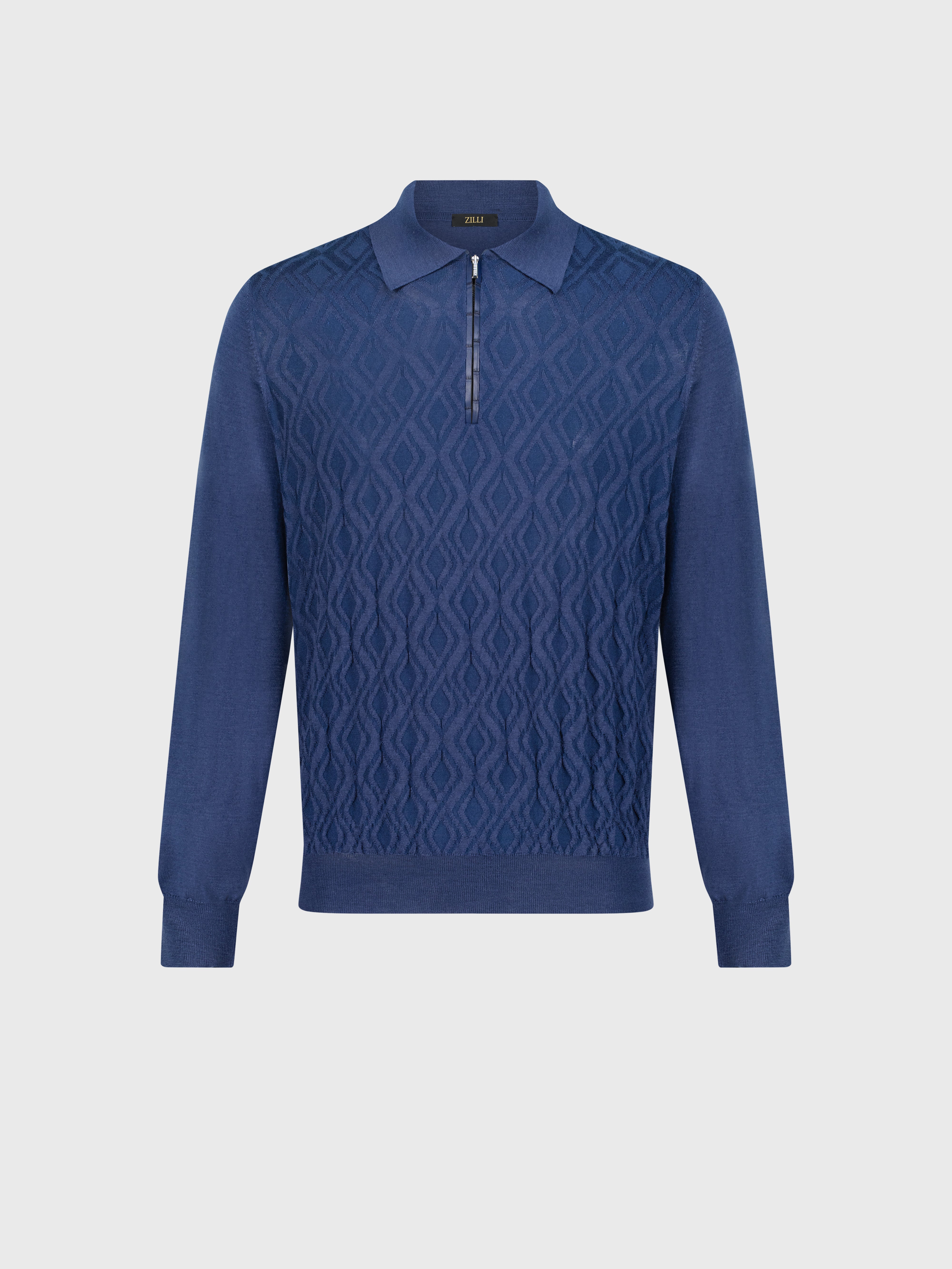 Long Sleeve Polo Shirt with Rhombus Pattern Smoke Blue