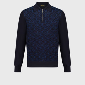 Long Sleeve Polo Shirt with Rhombus Pattern Dark Navy
