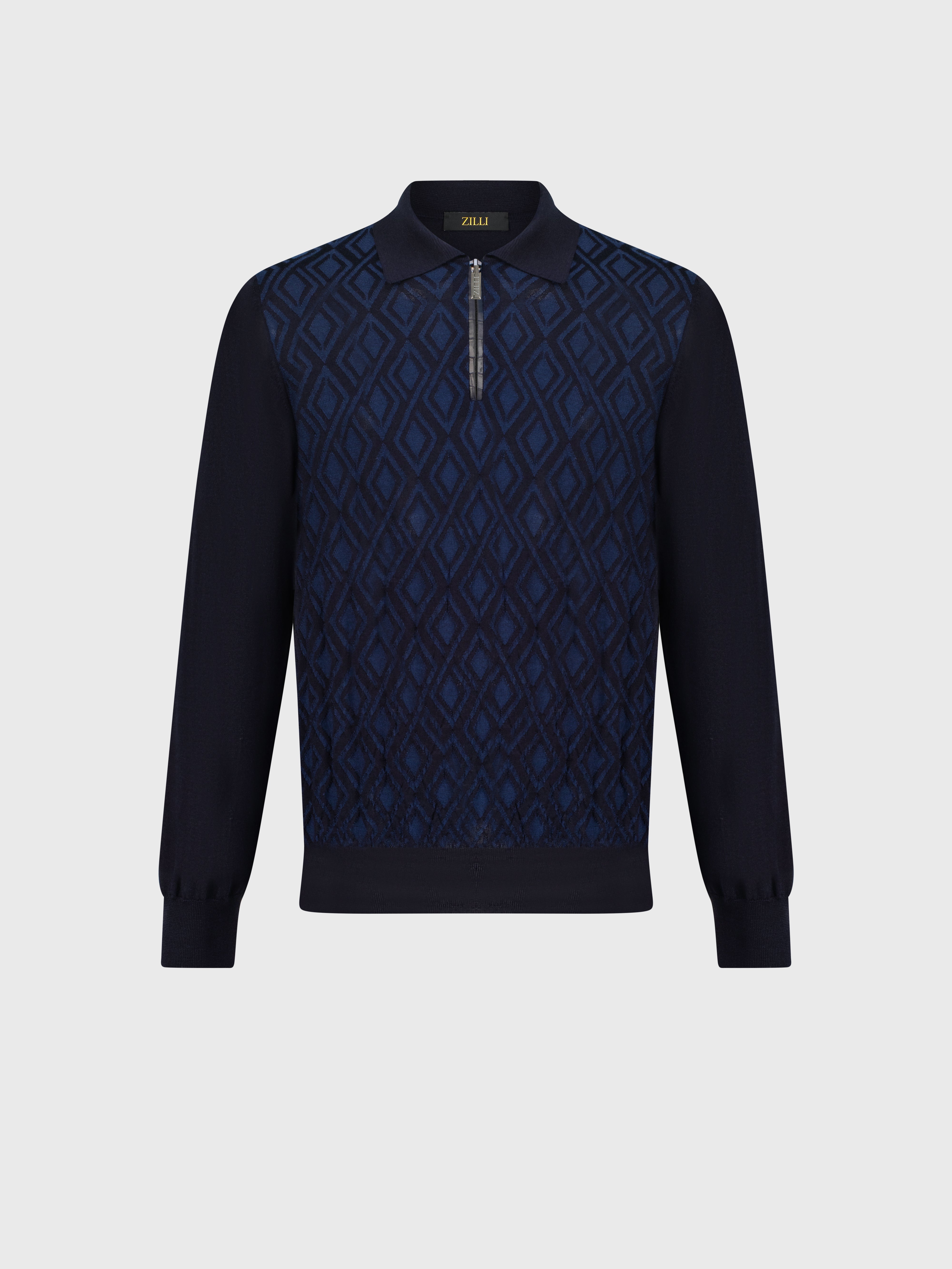Long Sleeve Polo Shirt with Rhombus Pattern Dark Navy