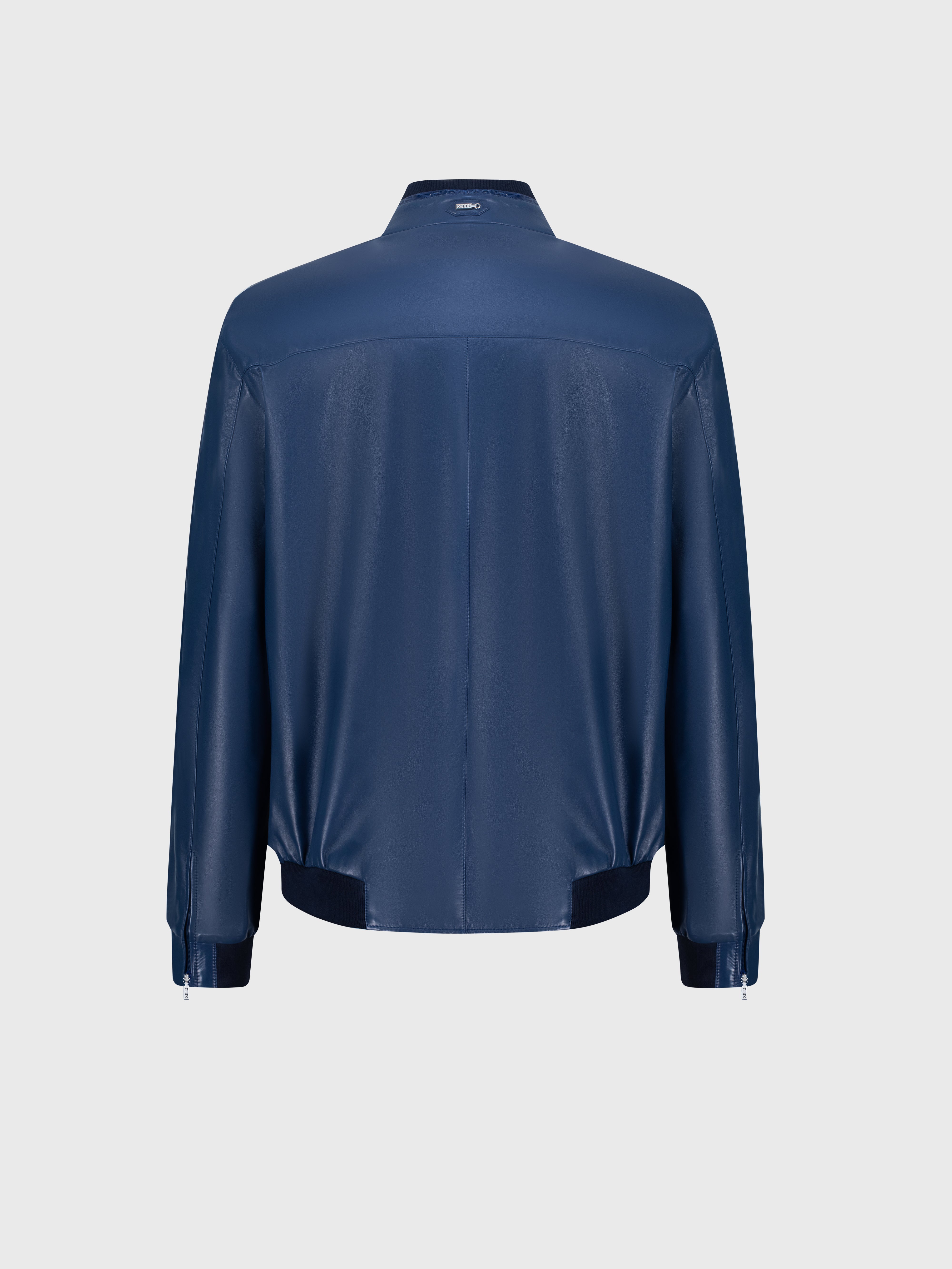 Crocodile-Detailed Leather Jacket - Blue Octane