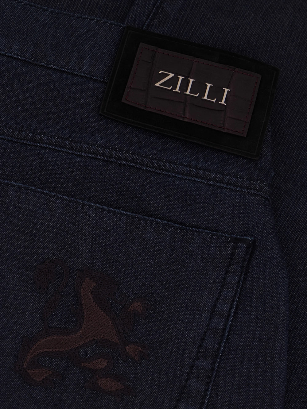 Hybrid Fit "Big Lion" Embroidery Denim Cotton Trousers - Blue Navy