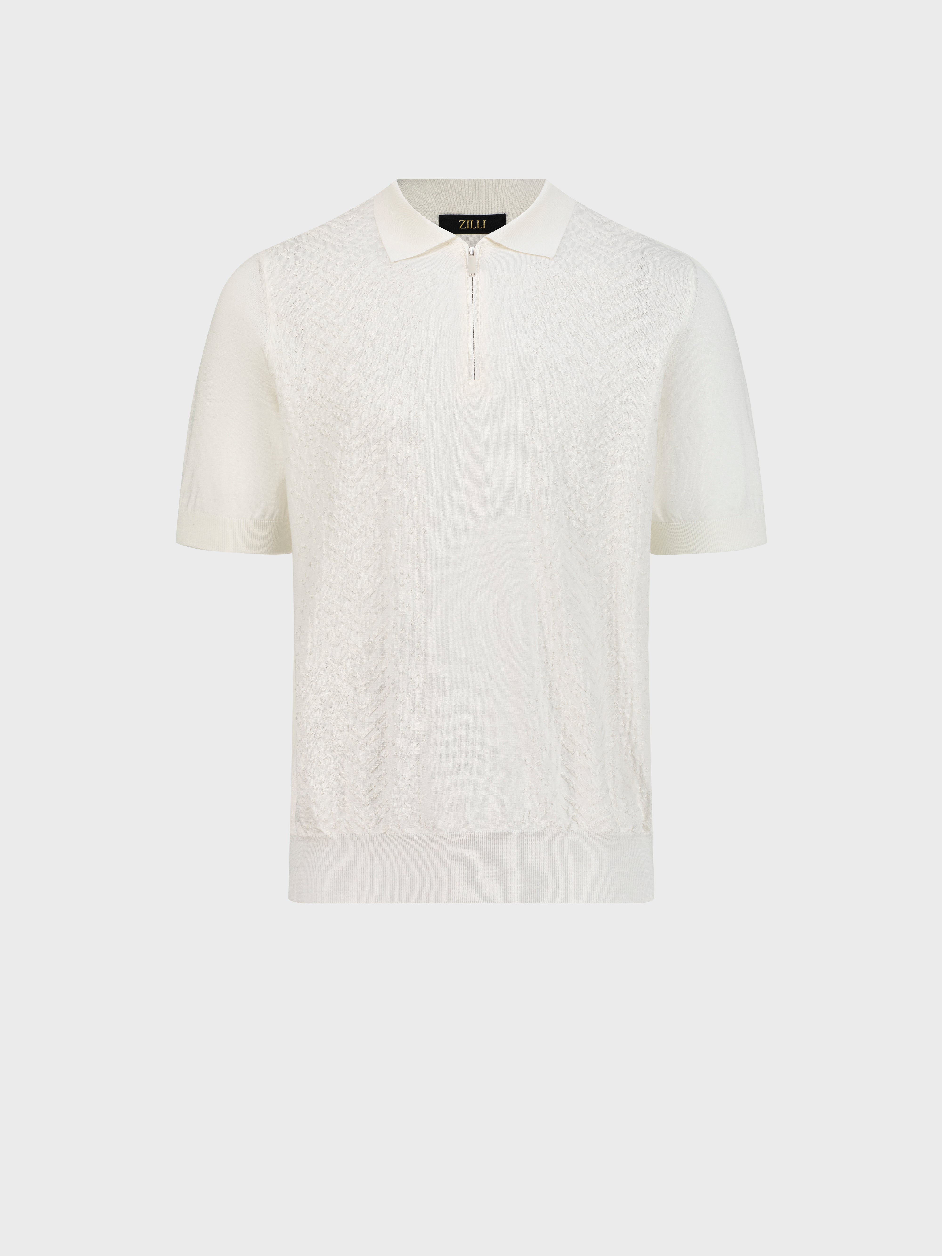"Micro Lozenges" Silk and Cotton Knit Polo - Natural White
