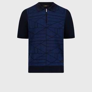 Geometric Pattern Silk-Knit Polo Shirt - Blue Navy