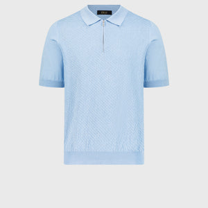 Diagonal Jacquard Weave Silk and Cotton Knit Polo - Oxford Blue
