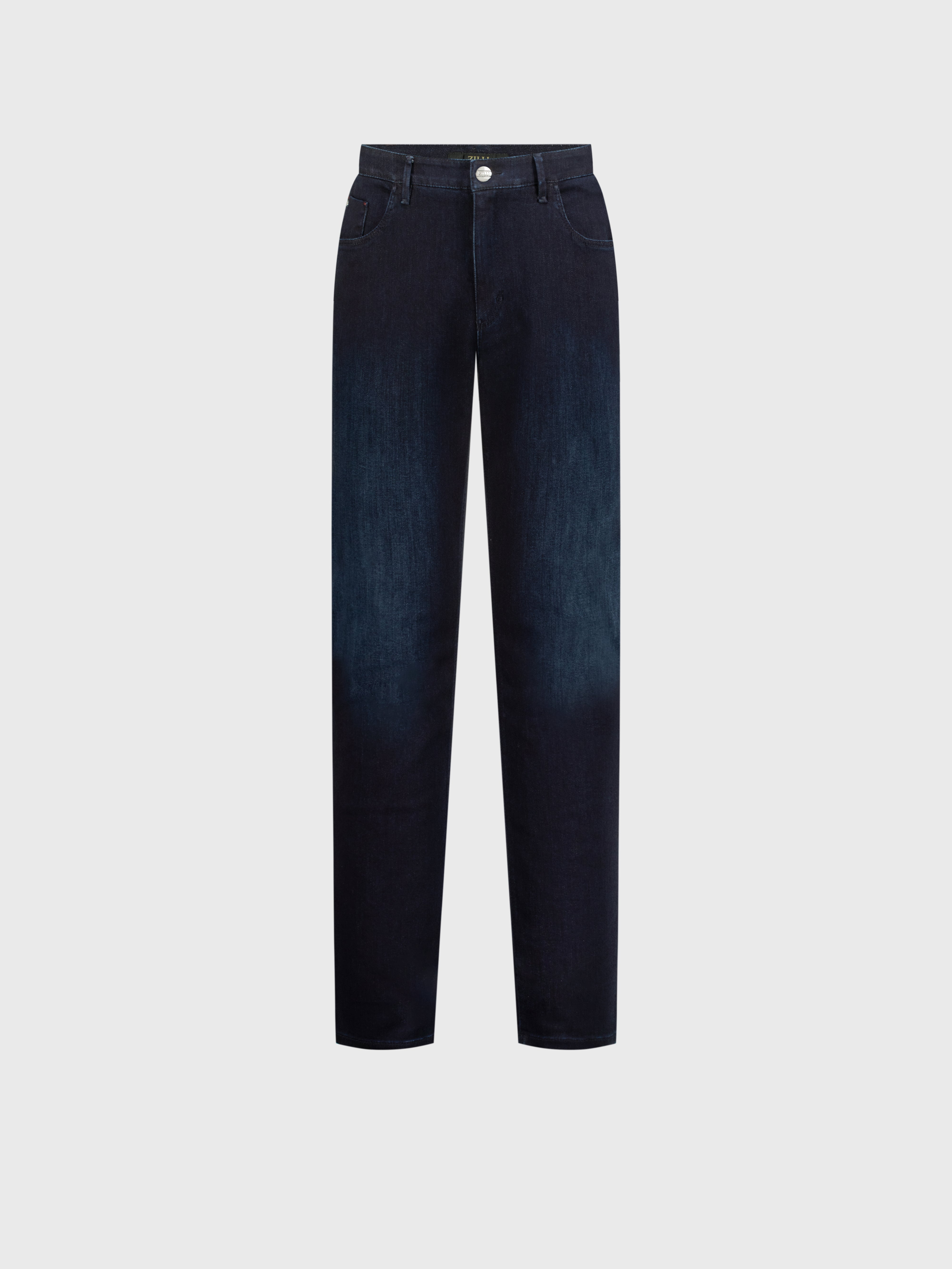 "Lion Embroidery" Tailored Denim Cotton Trousers - Blue Navy