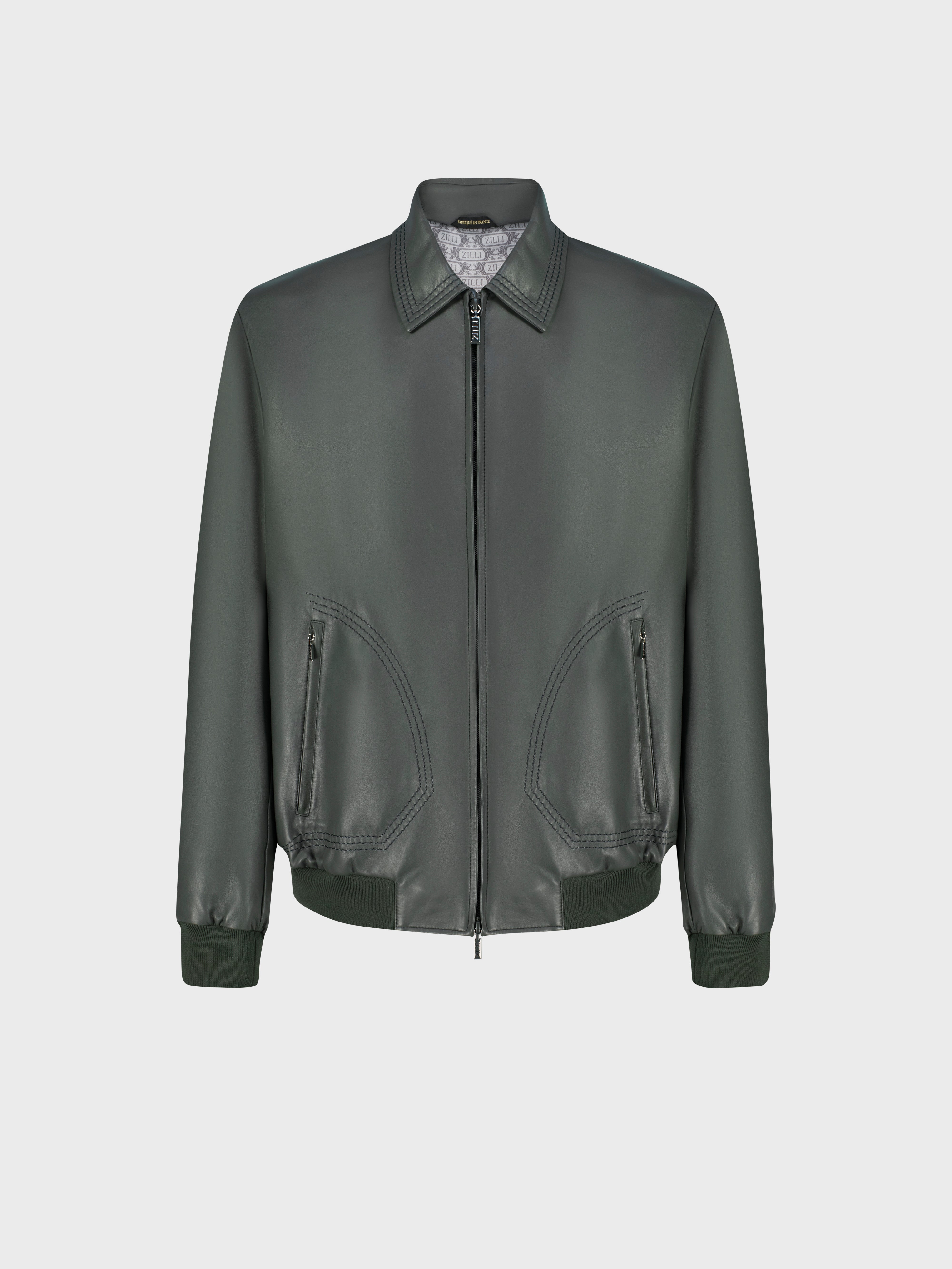 Triple-Stitched Collar Leather Jacket - Deep Military