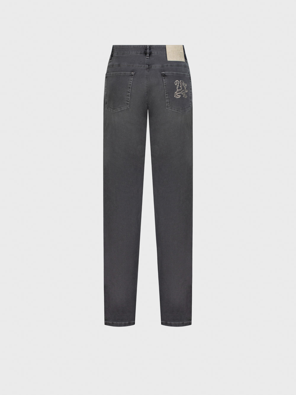 Slim Fit "Big Lion" Embroidery Denim Cotton Trousers - Soft Grey