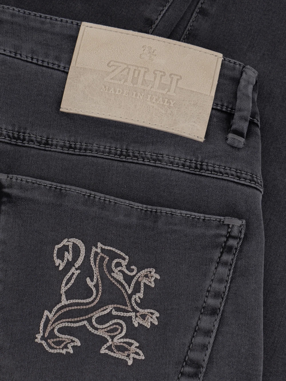 Slim Fit "Big Lion" Embroidery Denim Cotton Trousers - Soft Grey