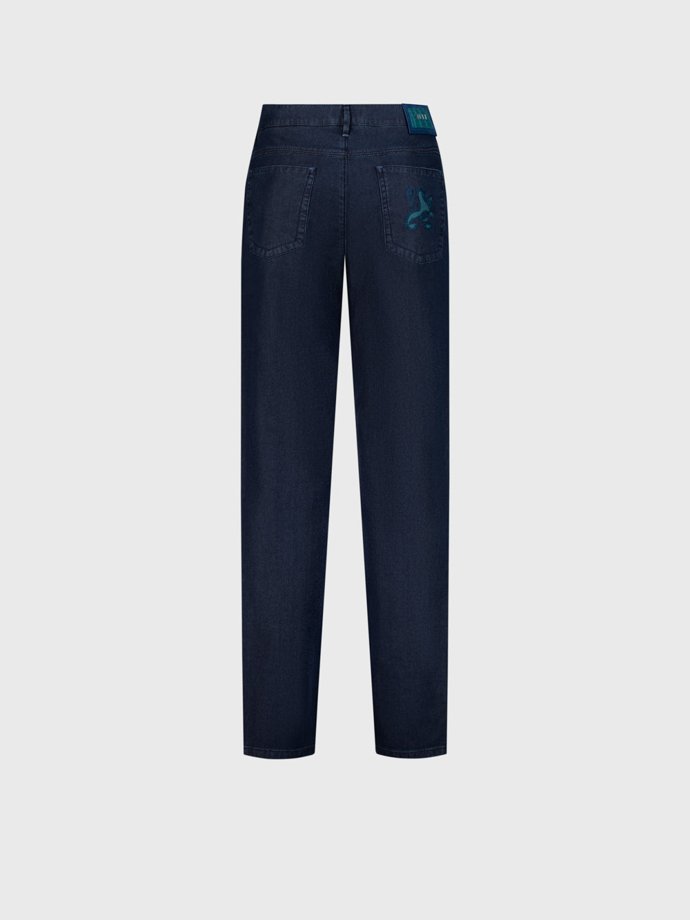 Slim Fit "Big Lion" Embroidery Denim Cotton Trousers - Blue