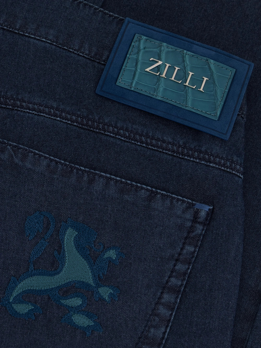 Slim Fit "Big Lion" Embroidery Denim Cotton Trousers - Blue
