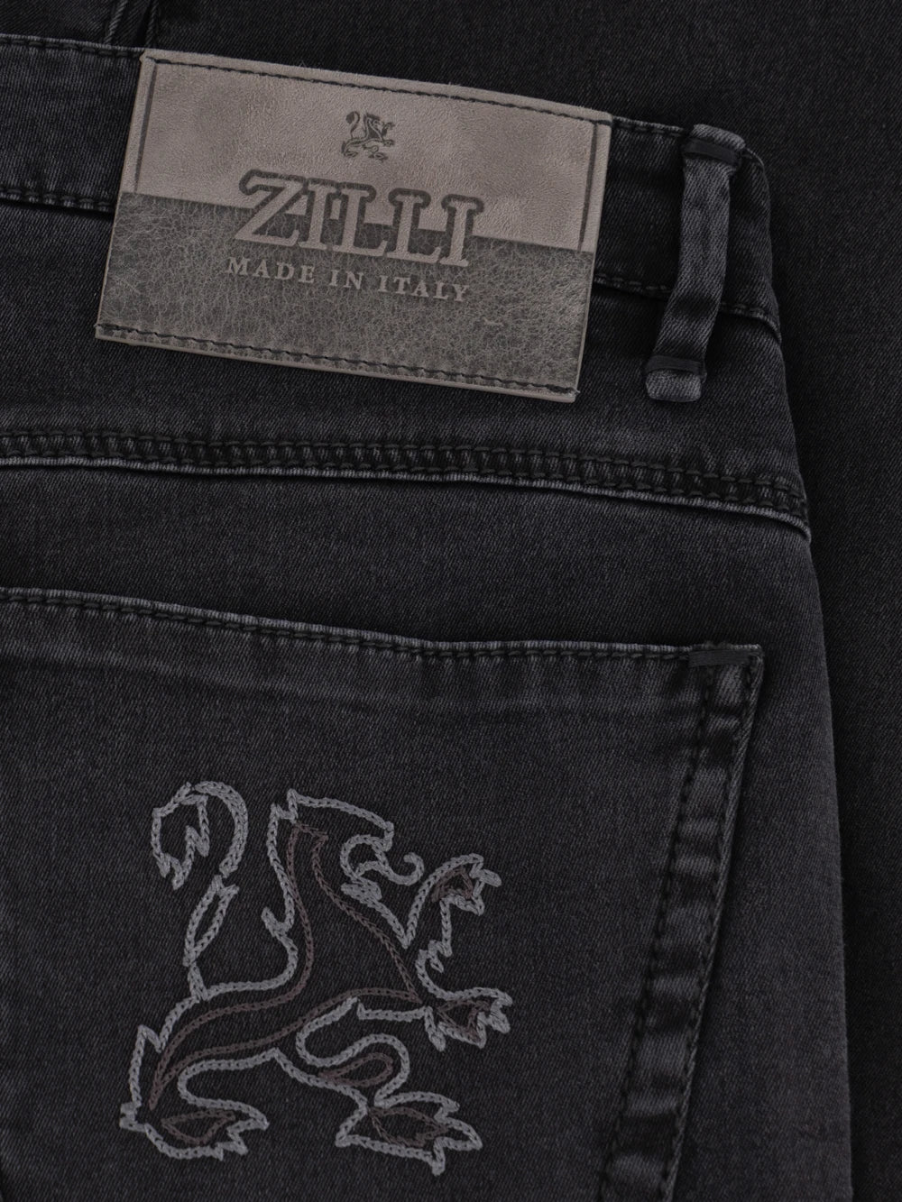 Slim Fit "Big Lion" Embroidery Denim Cotton Trousers - Grey Anthracite