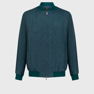 Ribbed Collar Linen Bomber Jacket - Deep Malachite