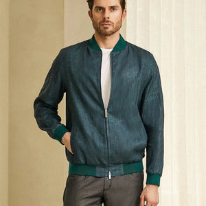 Ribbed Collar Linen Bomber Jacket - Deep Malachite