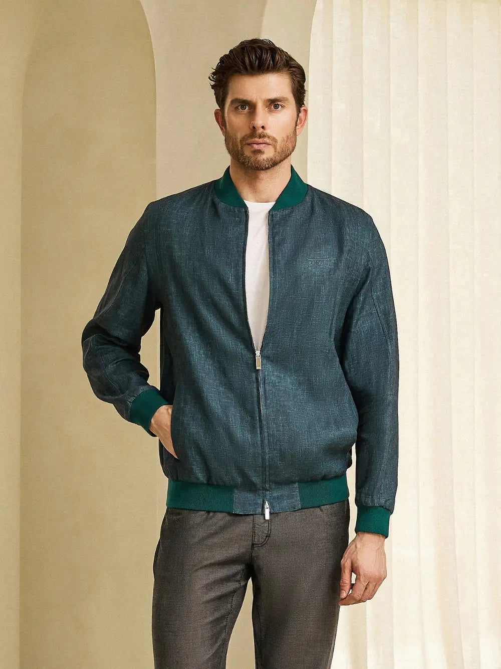 Ribbed Collar Linen Bomber Jacket - Deep Malachite