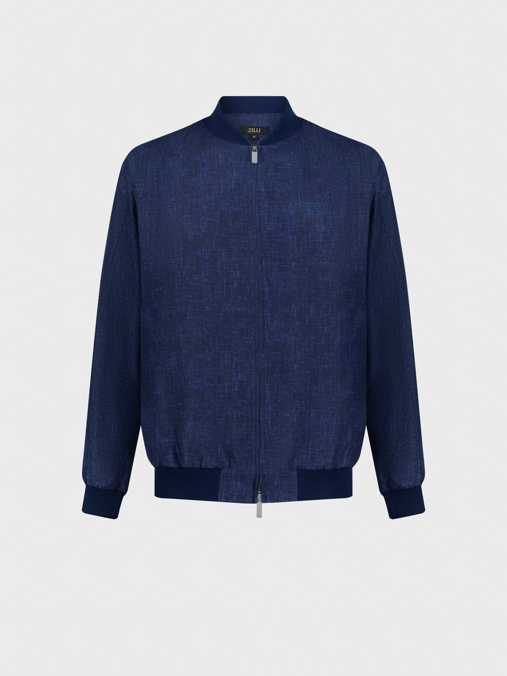 Ribbed Collar Linen Bomber Jacket - Blue Navy
