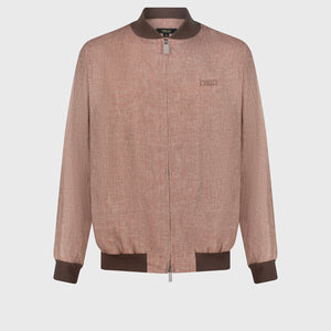 Ribbed Collar Linen Bomber Jacket - Pale Fawn