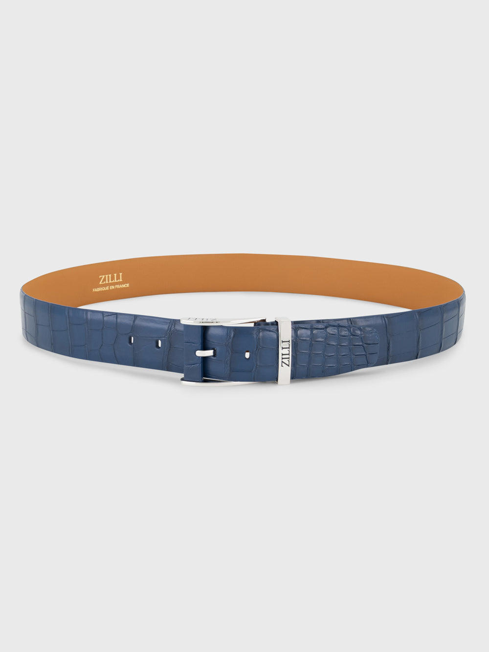 Palladium-Finish 126 Buckle Crocodile Belt - Blue Jeans