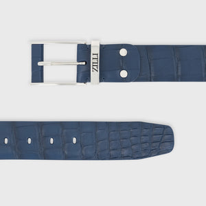 Palladium-Finish 126 Buckle Crocodile Belt - Blue Jeans