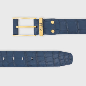 Gold-Finish 126 Buckle Crocodile Belt - Blue Jeans