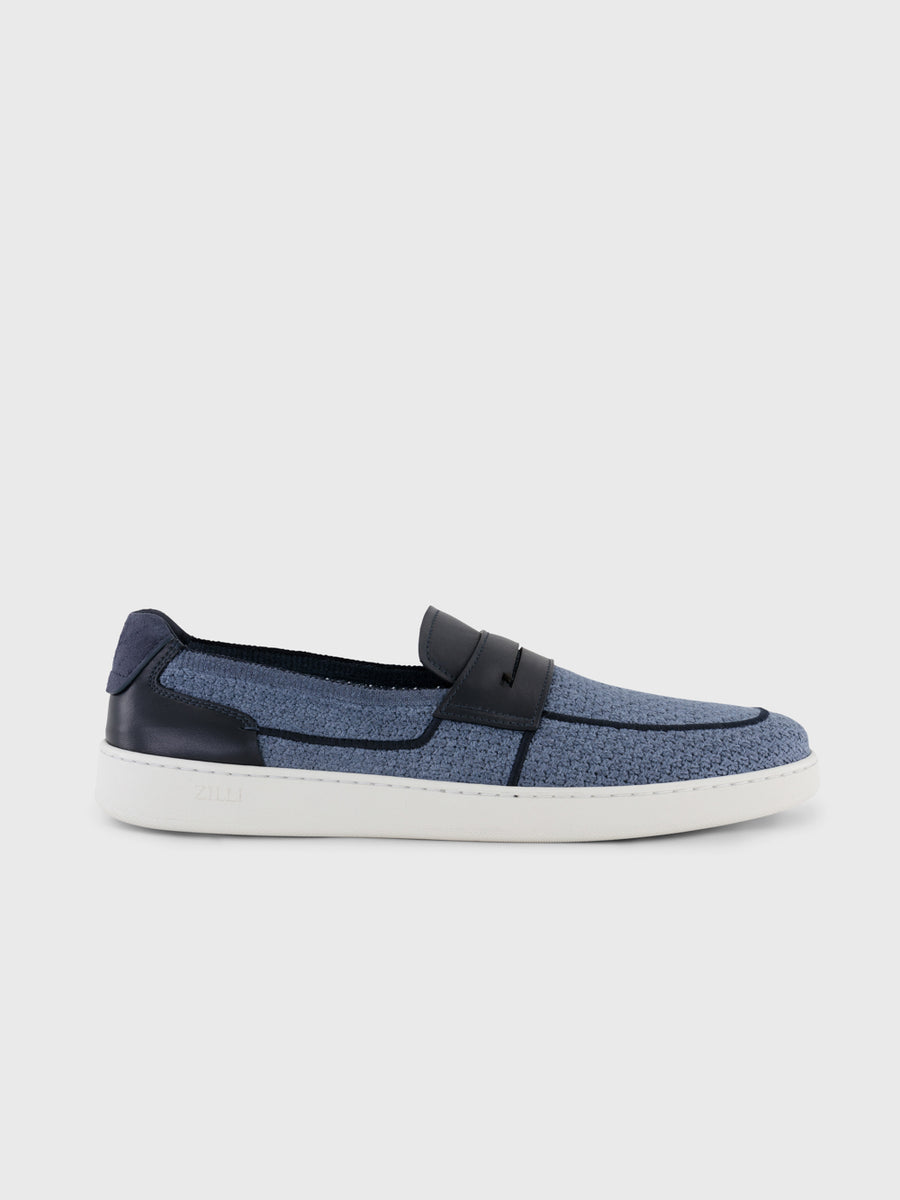 Leather and Linen Crochet Penny Loafers - Dark Navy