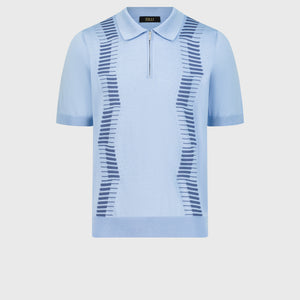 Geometric Pattern Silk and Cotton Knit Polo - Oxford Blue