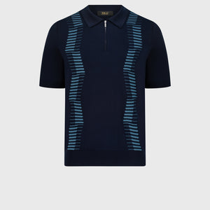 Geometric Pattern Silk and Cotton Knit Polo - Blue Navy