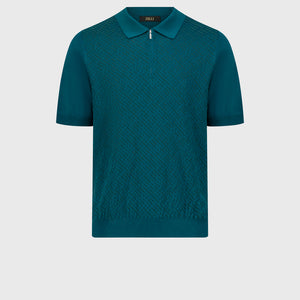 Diagonal Jacquard Weave Silk and Cotton Knit Polo - Deep Malachite