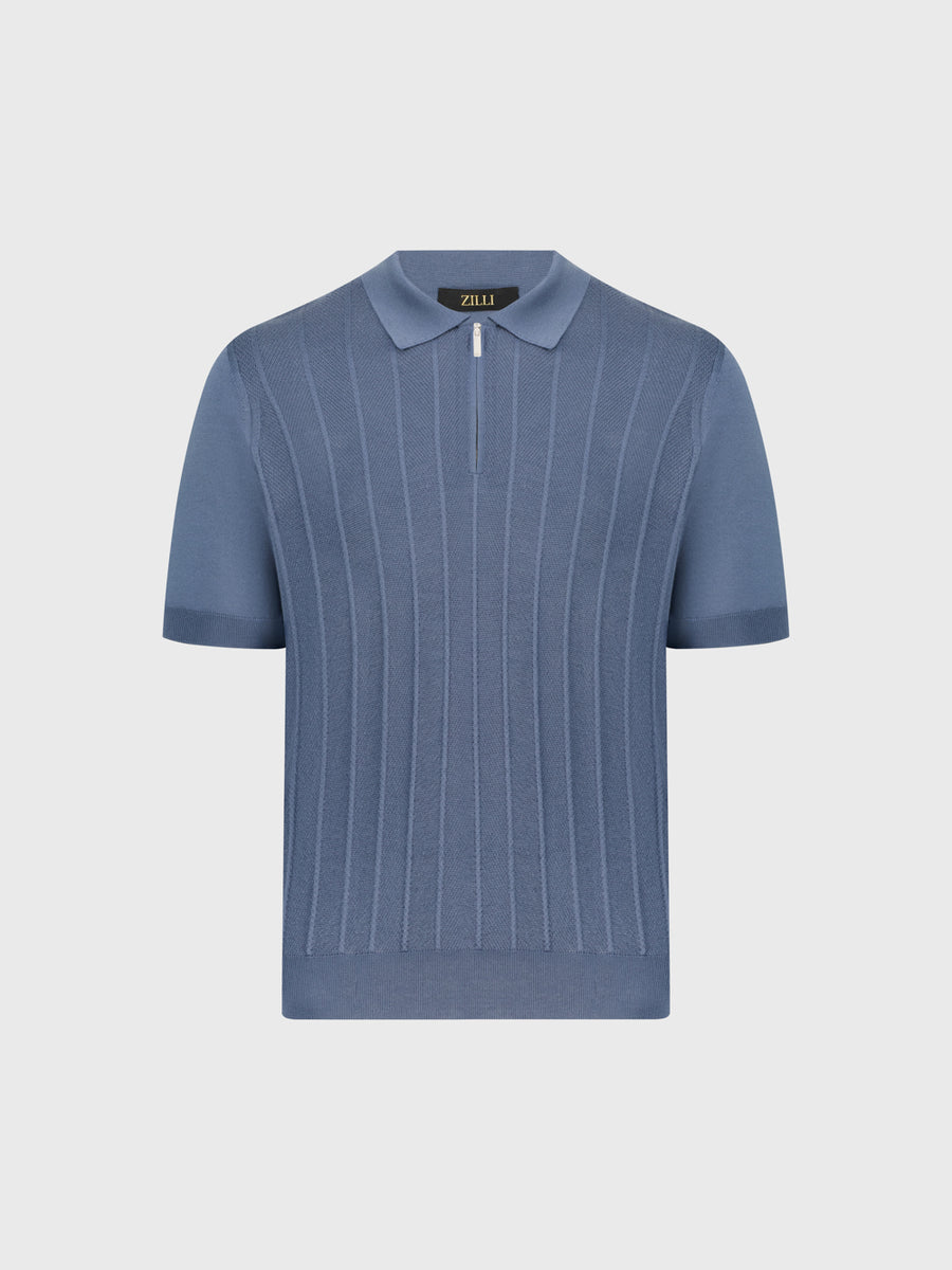 Striped Silk-Knit Polo Shirt - Pale Blue Onyx
