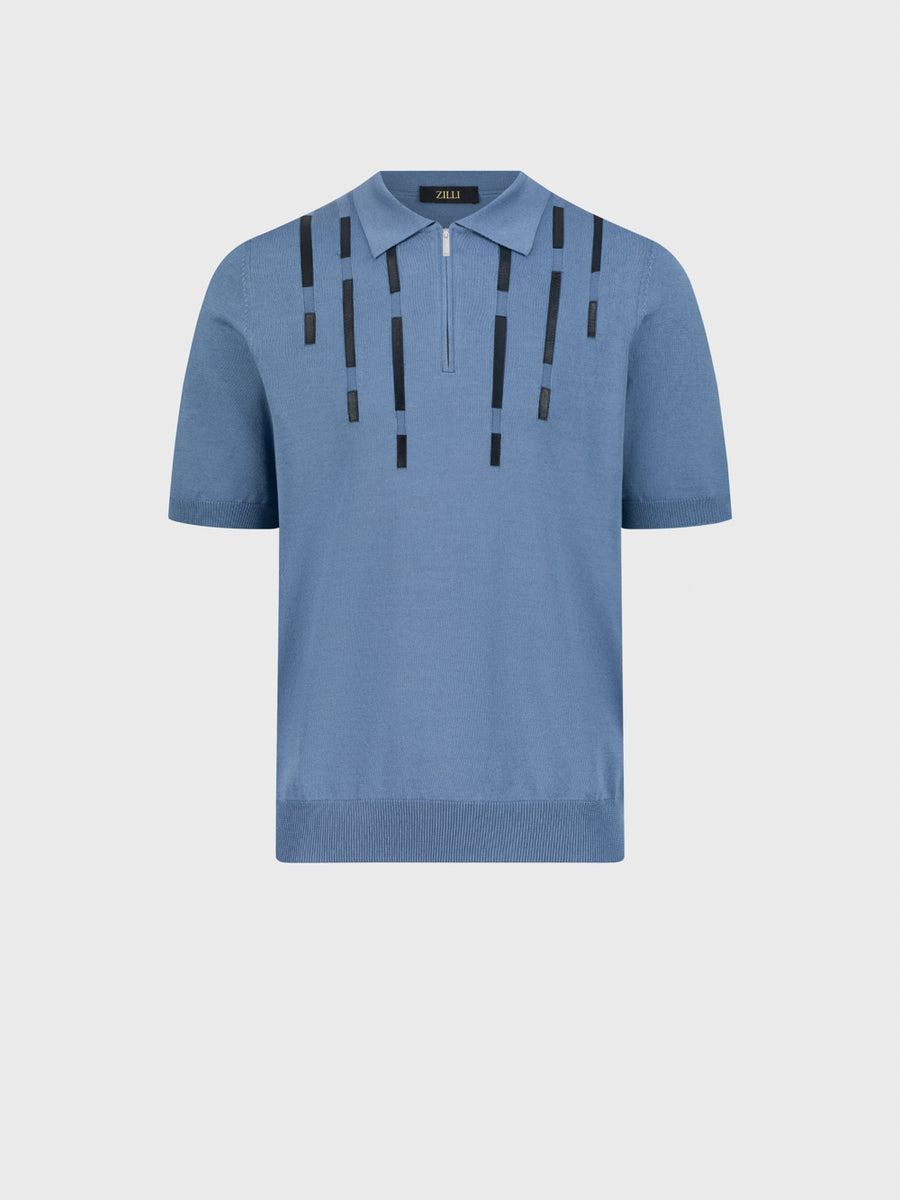 Geometric Pattern Silk-Knit Polo Shirt - Pale Blue Onyx
