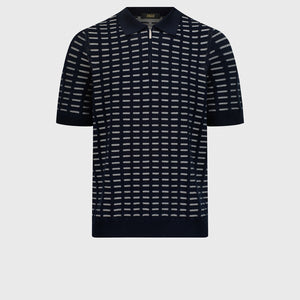Geometric Pattern Silk-Knit Polo Shirt - Blue Navy