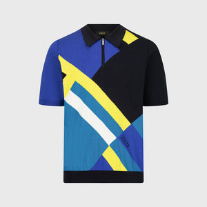 Knit Geometric Pattern Polo Shirt - Blue Navy