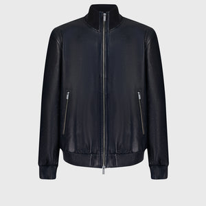 Perforated Leather Bomber Jacket - Blue Navy & Light Grey