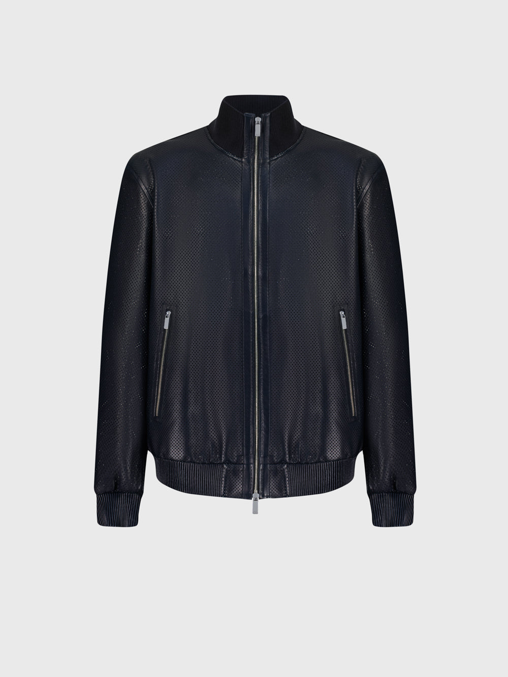 Perforated Leather Bomber Jacket - Blue Navy & Light Grey