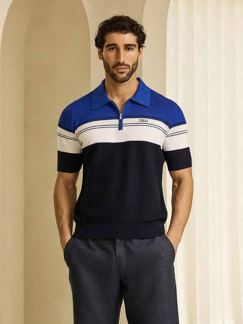 Stripe Polo Shirt - Blue Navy, Natural White & Blue Electric