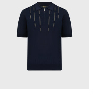 Geometric Pattern Silk-Knit Polo Shirt - Blue Navy