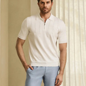 Geometric Pattern Silk-Knit Polo Shirt - Natural White