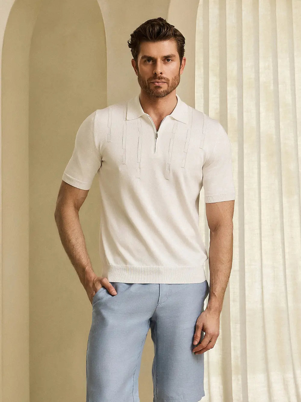 Geometric Pattern Silk-Knit Polo Shirt - Natural White