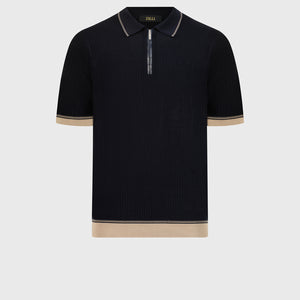 Geometric Pattern Silk-Knit Polo Shirt - Blue Navy