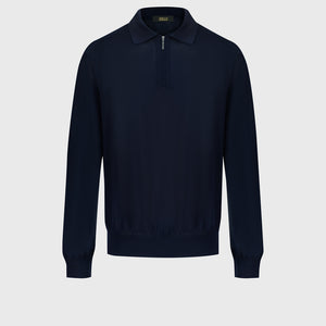 Wool-Silk Lightweight Polo Half-Zip Knit – Dark Navy