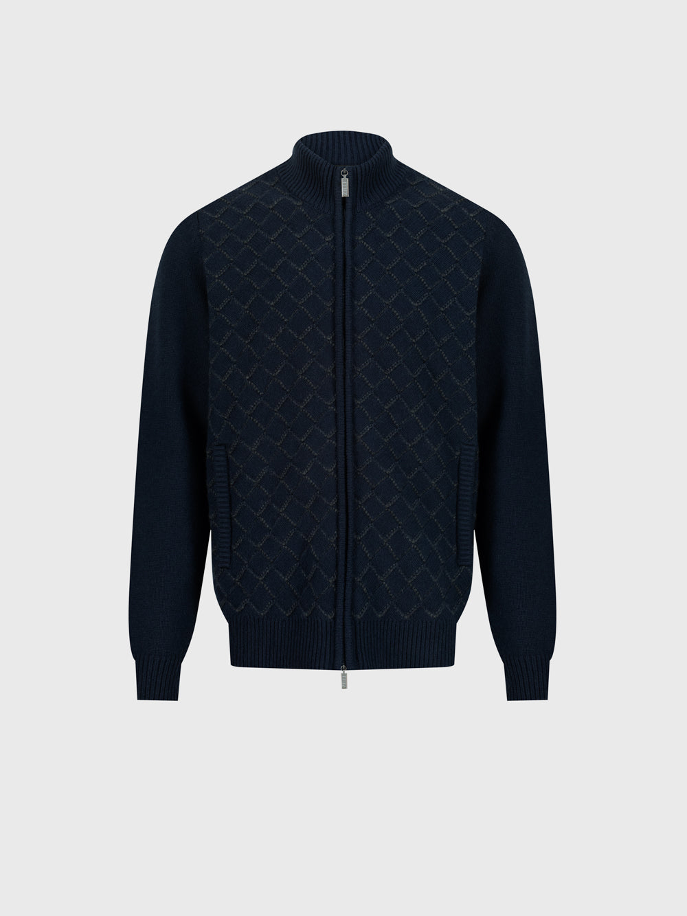 Zip-Up Sweater with Diamond Lattice Knit Pattern – Dark Navy