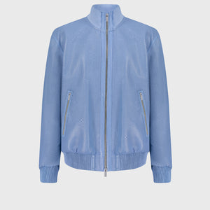 Perforated Leather Bomber Jacket - Pale Blue Onyx & Light Grey